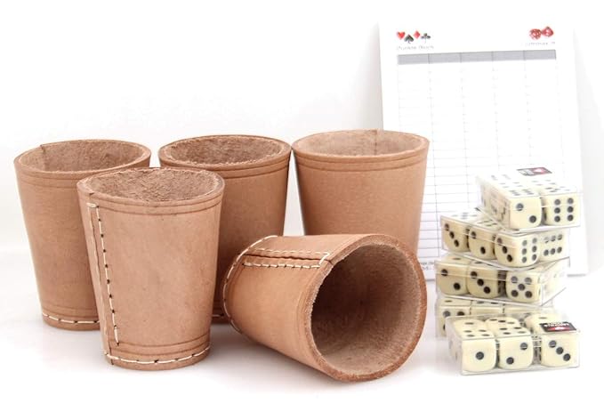 Ludomax 325132 Bundle 5 Würfelbecher mit jeweils 6 Würfeln, Echt Leder, ca. 9 cm