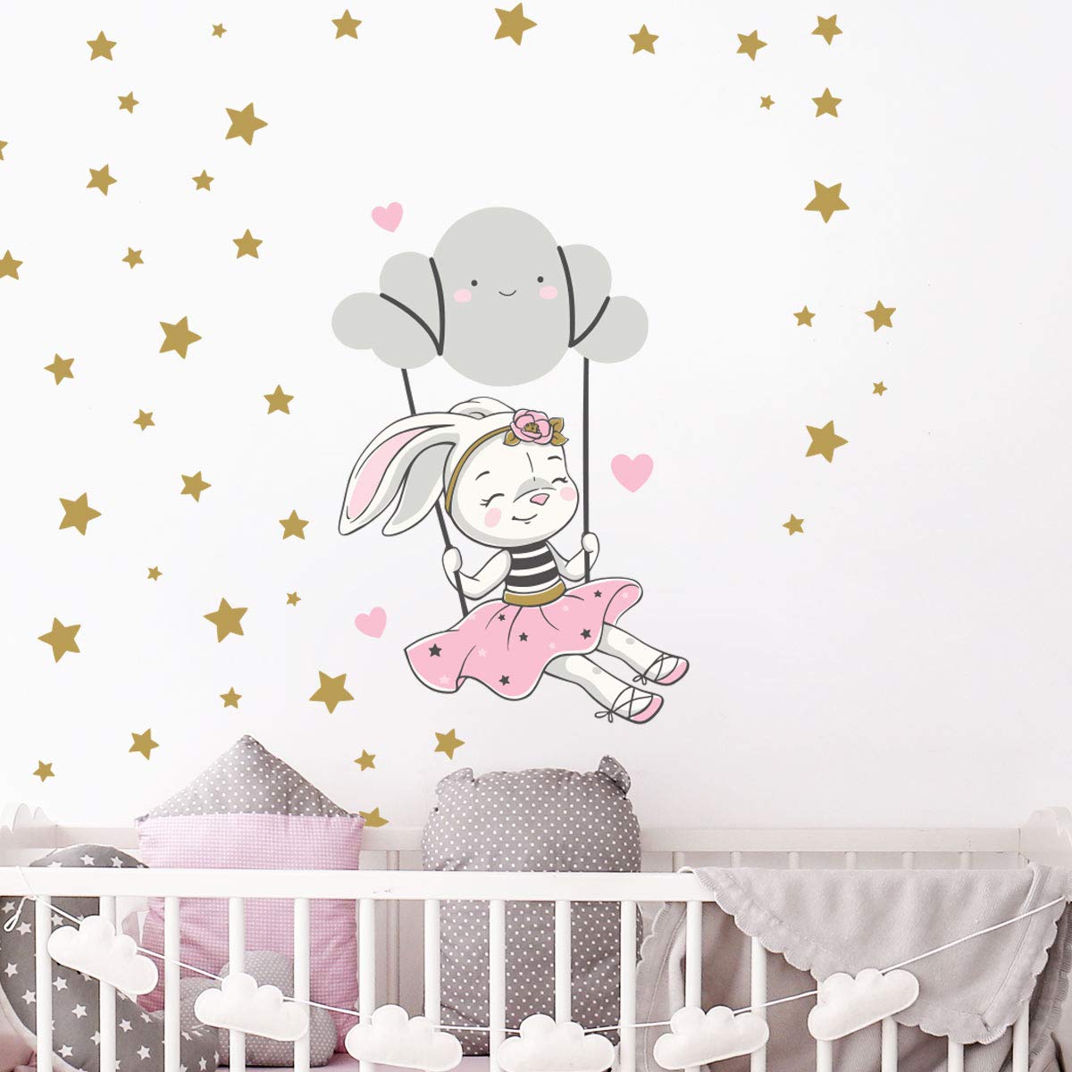 Wall Stickers for Children – Baby Room Decoration – Wall Stickers – Rabbit on Cloud + 100 Stars – Wall Sticker – H45 x L30 cm