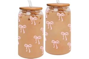 SNIBIUNO Cute Pink Bow Glass Cups with Lids and Straws, Aesthetic Iced Coffee Cup, Girly Preppy Design Tumbler Mug, Birthday 