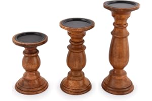 EDHAS Natural Round Turned Candle Holders for Pillar Candles Set of 3 Vintage Style Mango Wood Candle Holder for Centerpiece for Dining, Living Room