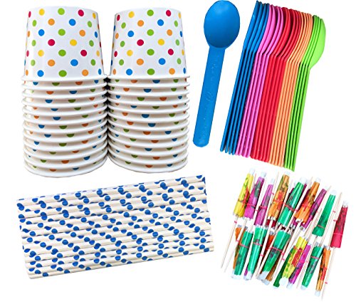 Ice Cream Sundae Kit - 12 Ounce Polka Dot Paper Treat Cups -Heavyweight Plastic Spoons - Paper Straws - Paper Umbrellas - 24 Each - Blue, Pink, Orange, Yellow, Green Outside the Box Papers Brand