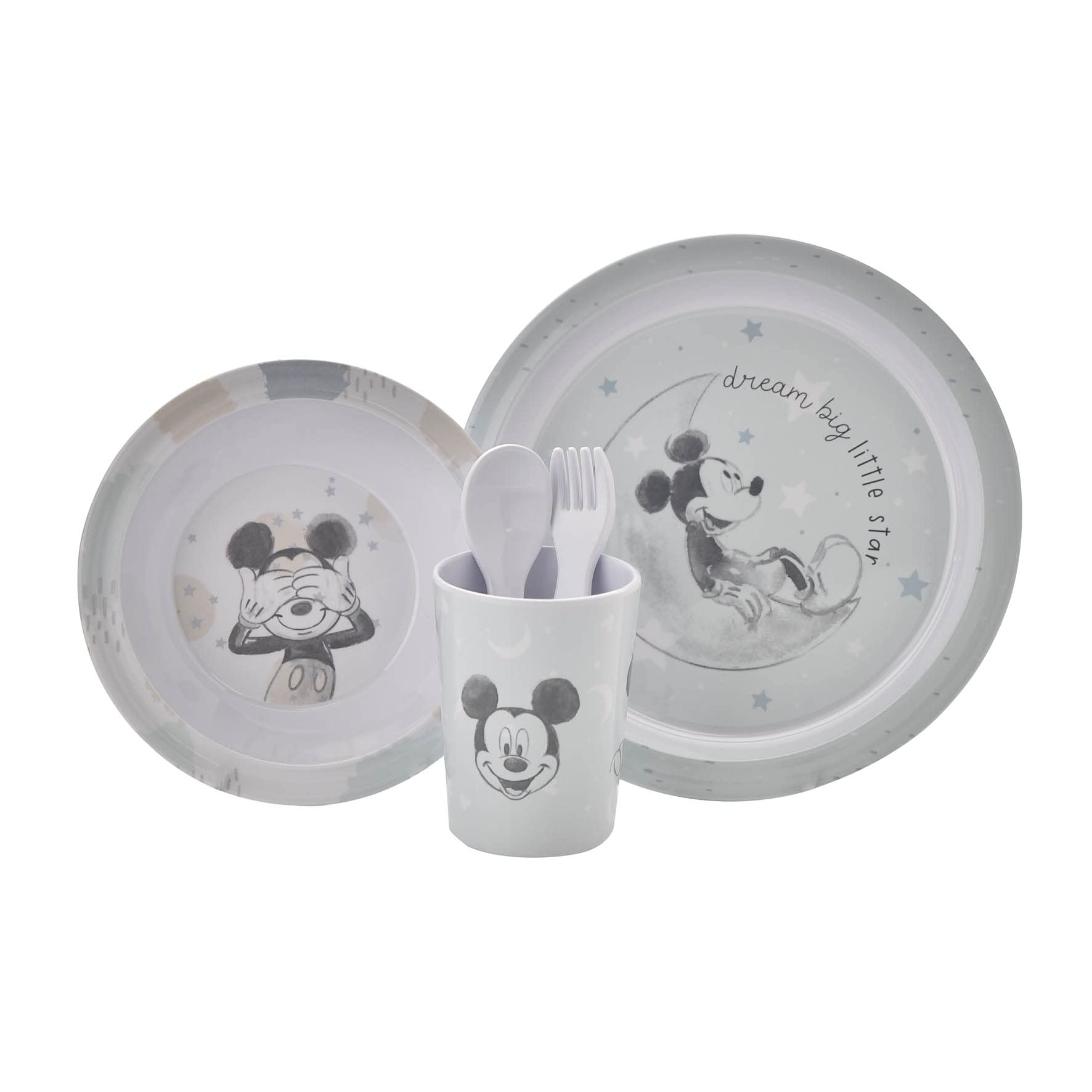 Disney Mickey 5pc Melamine Set: Dinner Plate, Side Plate, Fork, Spoon and Cup
