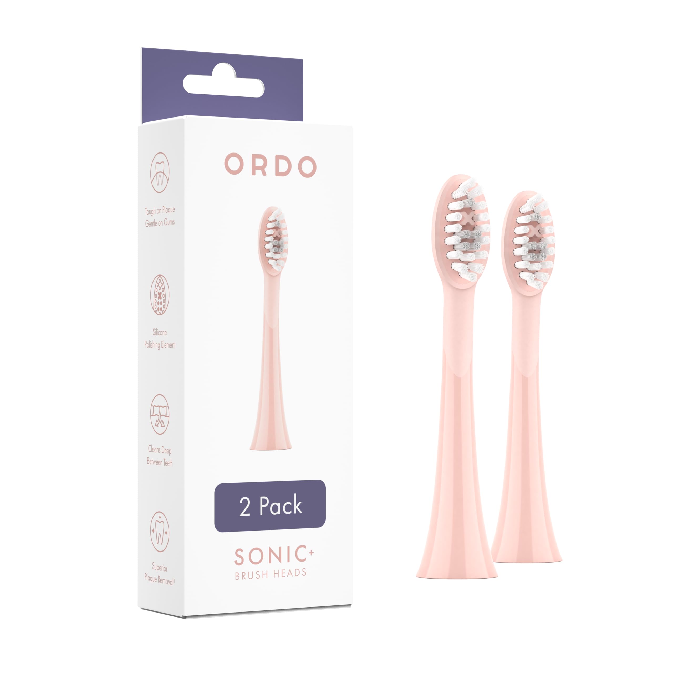 Ordo Replacement Sonic Toothbrush Heads for Teeth Cleaning, Plaque Removal, Silicone Polishing, Deep Clean Bristles, Adults, Pack of 2, Rose Gold