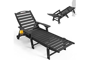 CIOKEA Lounge Chair Outdoor, Oversized Chaise Lounge Chair with 5 Positions, HDPE, Patio Lounge Chair with Wheels & Cup Holder for Pool, Deck, Poolside, Black