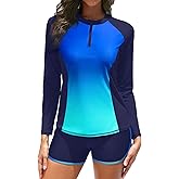 Women Long Sleeve Rash Guard - Two Piece Swimsuit with Shorts UPF 50+ Bathing Suit Built in Bra Surf Swim Shirt