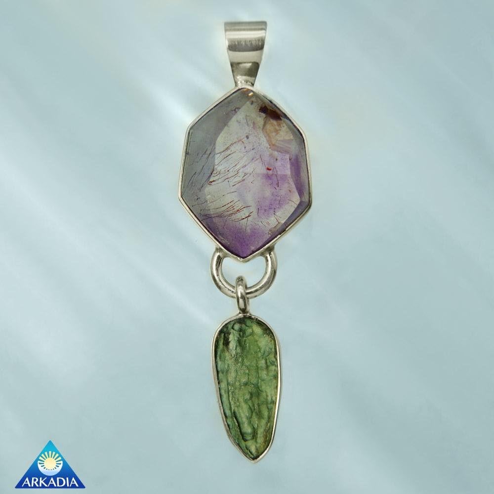 Brandberg Amethyst Crystal & Moldavite Tektite Pendant SRP1458