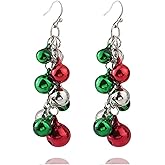 Christmas Red Green Jingle Bell Dangle Drop Earrings Charm Cute Candy Color Tinkle Bells Ball Ornament Chandelier Earrings for Women Xmas New Year Thanksgiving Party Trendy Jewelry Gifts
