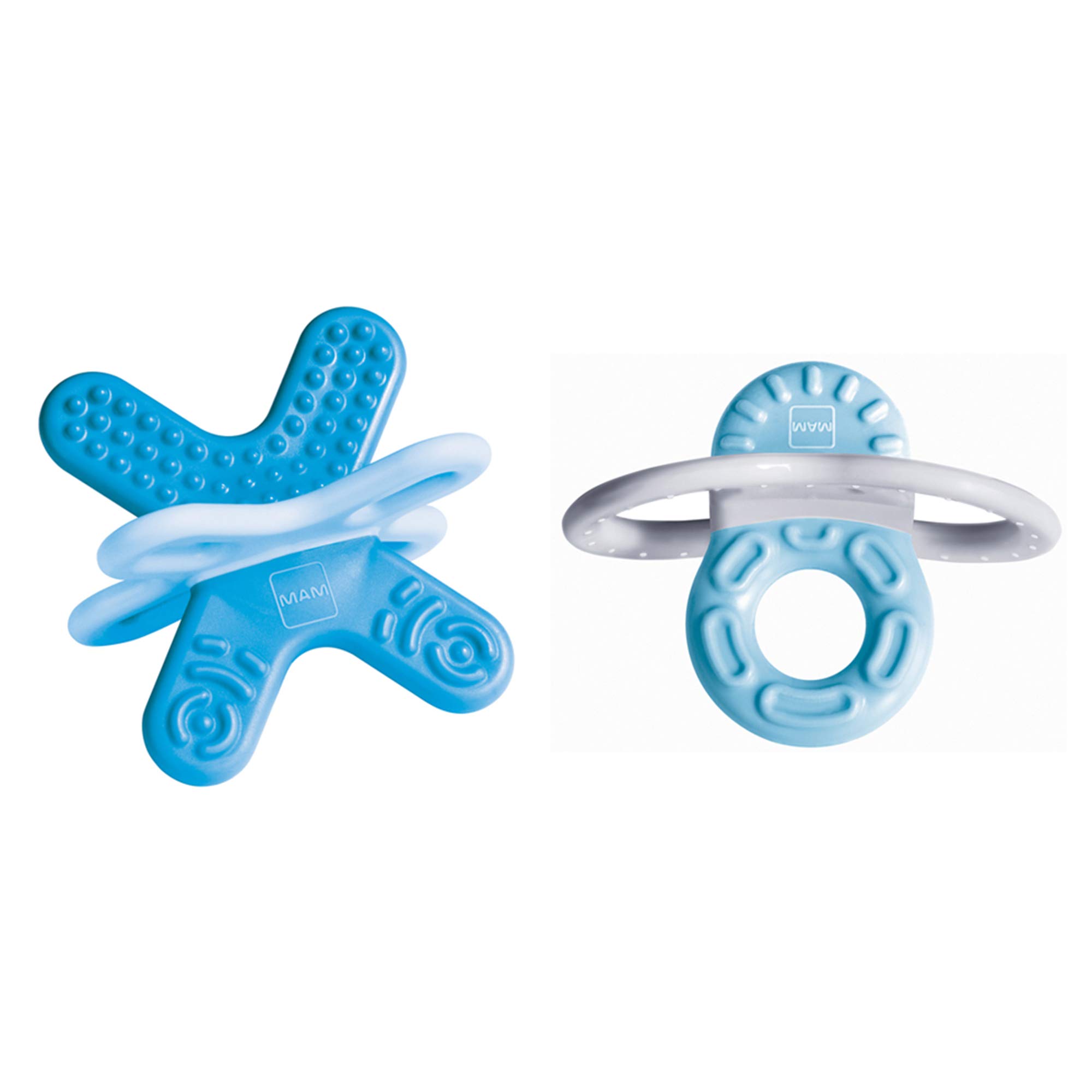 MAM Blue Teether Set - Bite & Relax with Phase 1 & 2 Teething Rings, Extra Small & Light, Easy to Sterilize, Ideal for On-the-Go, Ages 2+ Months