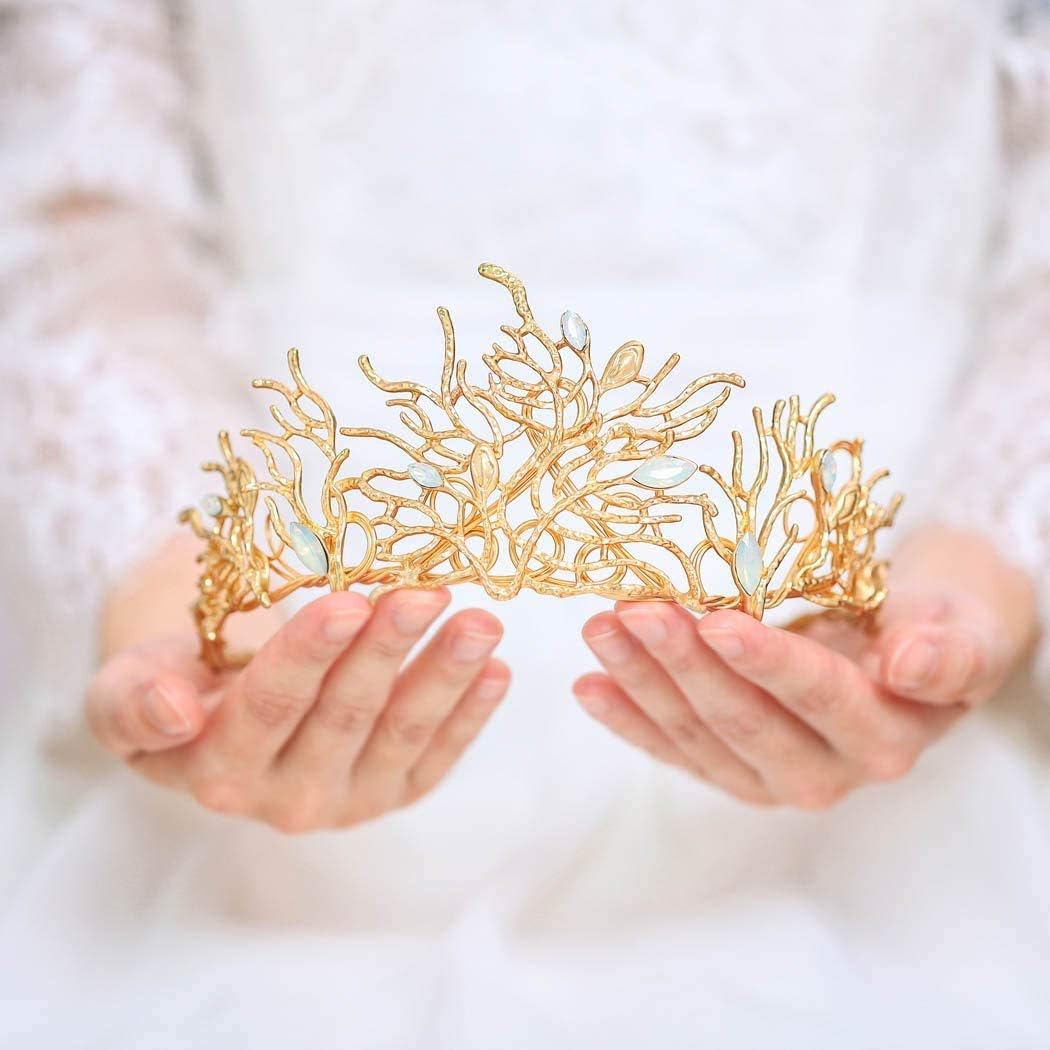 Handcess Leaf Laurel Crown Gold Opal Crystal Twig Baroque Tiaras Queen Princess for Women and Girls