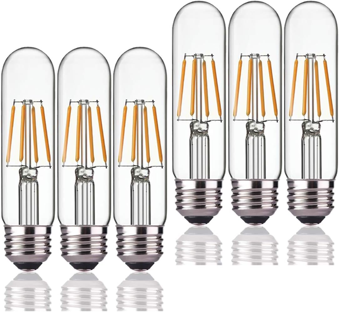 Dimmable 4W T10 LED Bulbs,Daylight White 4000k,Tubular Edison Style LED Filament Bulb, T10 Vintage Led Light Bulb, E26 Medium Base,400LM,Clear Glass Cover, 6Pack