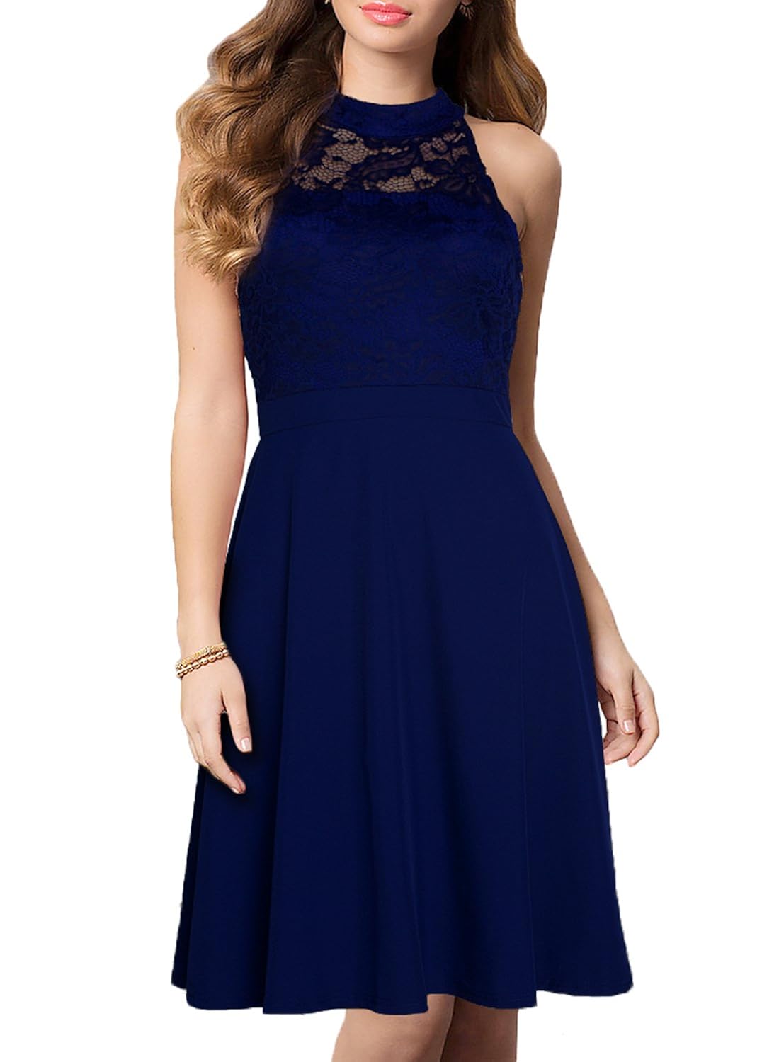 WOOSEA Women's Vintage Floral Lace Halter Neck Cocktail Formal Swing