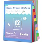 12-Tab Binder Dividers with Tabs for 3 Ring Binder, Write &amp; Erase, Monthly Dividers for 8.5 x 11'' Letter Size Papers, Assorted Color, 1 Set