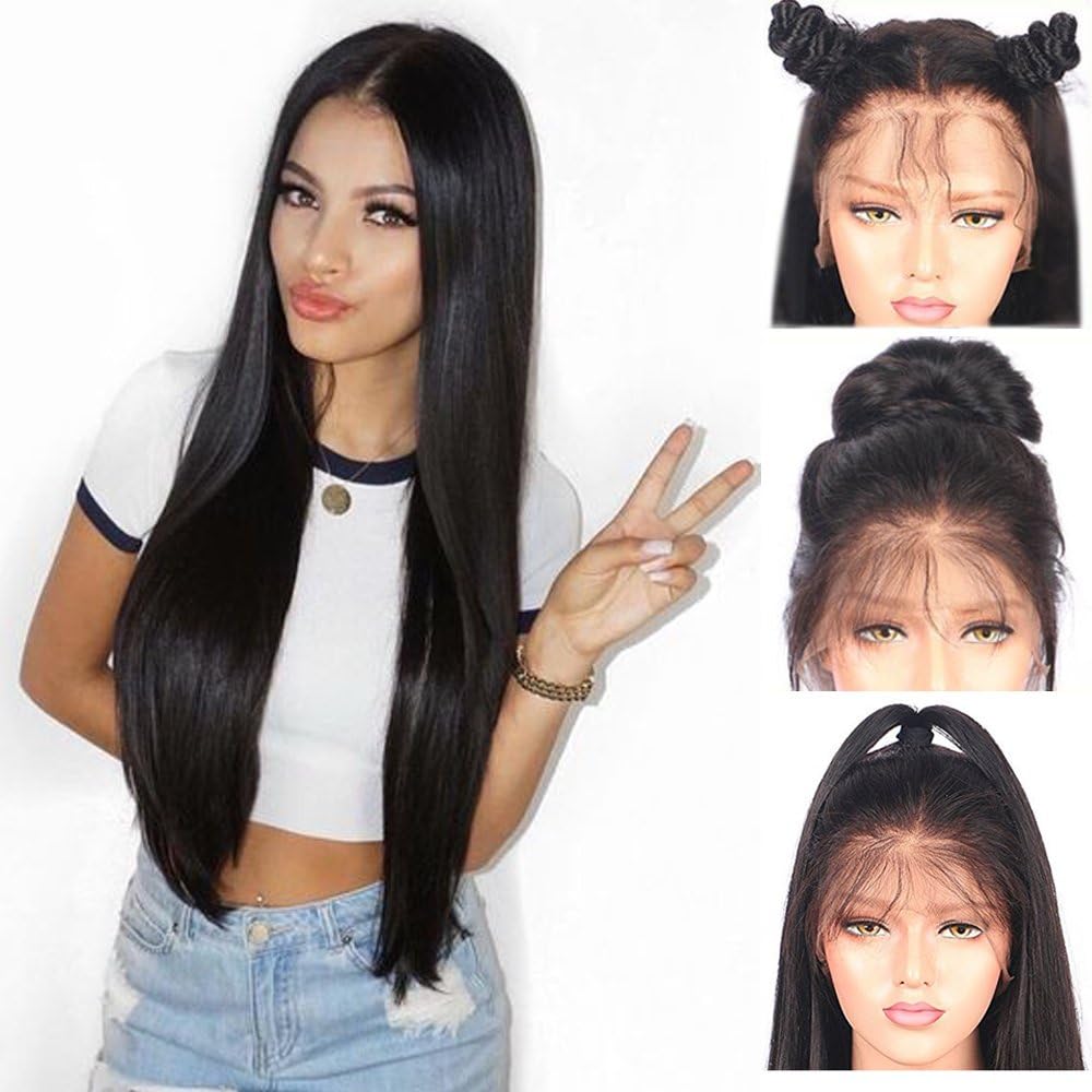 Andria Hair Lace Front Synthetic Wigs Long Straight Heat Resistant Hair Pre Plucked Wig with Baby Hair Bleached Knots for Women (Black Hair 26")
