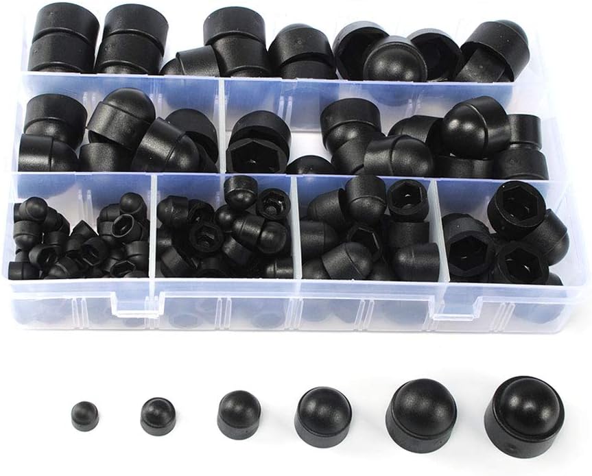Bolt Covers Screw Caps, Assortment Plastic Nut kits with Storage Box, Nylon Insert Locknut for Matching Screws or Bolts, 145 Pcs Black M4 M5 M6 M8 M10 M12