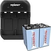 Tenergy 9V Battery Rechargeable 250mAh 4 Pack NiMH Square Battery with 2 Bay 9V Battery Charger for Smoke Alarm/Detector