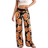 Women Halloween Pajama Pants Pumpkin Ghost Print Wide Leg Lounge Pants Casual Loose Drawstring Yoga Sweatpants
