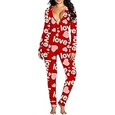 Piacakece Women's Sexy Deep V-Neck Button One-Piece Jumpsuit Letters Hearts Printed Valentines Bodycon Romper Sleepwear