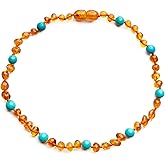Baltic Proud Amber Necklace for Women and Men (Authentic, Certified) - 18 inches, Cognac Turqouise Polished - Unisex Jewelry for Adults - Bead Necklace