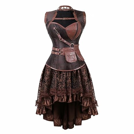 Damen Steampunk Steampunk Leder Gothic Vollbrust Corsage Kleid Rock Corsagenkleid Asymmetrie