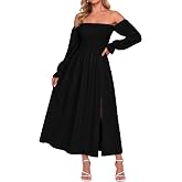 AUMORA Womens Maxi Dress Off Shoulder Long Sleeve Boho Flowy Dresses | Puff Sleeve A Line Long Dresses, Side Split Hem,Side P