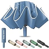 Damp away Windproof Travel Umbrella for Rain, Large Portable Reverse Folding Car Umbrella, Inverted Design, Compact Auto Open Close with Durable Waterproof Canopy, Fits Backpack/Women Men, 45.6 Inch