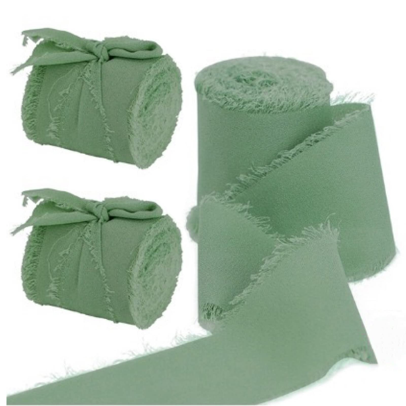 Handmade Fringe Chiffon Ribbon, 3 Rolls Ribbon Set, Silk Ribbons with Frayed Edges Fabric Cloth for Wedding Invitations, Bridal Bouquets, Gifts Wrapping, DIY Crafts Decor (Green)