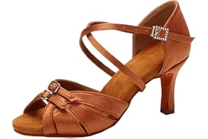 Women's Latin Dance Shoes Satin Professional Ballroom Salsa Practice Performance Dance Shoes Comfy 7.5 cm Heel Footwear