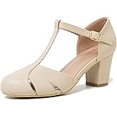 Women's T-Strap Block Heel Pumps, Ankle Buckle Closure, Classic Cut Out Round Toe Dress Shoes