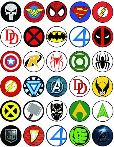 30 x Edible Cupcake Toppers Themed of Super Hero Logo Collection of Edible Cake Decorations | Uncut Edible on Wafer Sheet