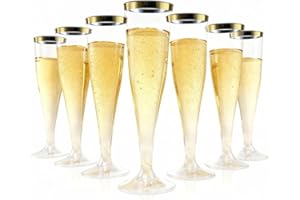 Goodluck 50 Pack Champagne Flutes Plastic, 4.5 oz Clear Plastic Disposable Stemware with Gold Rim, Disposable Champagne Flute