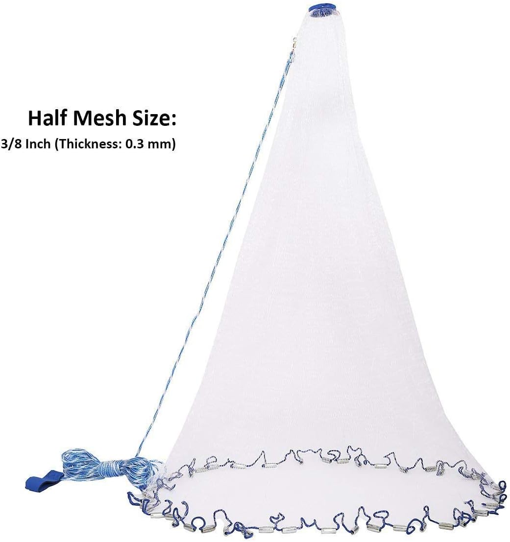 YaeMarine Saltwater Fishing Cast Net Fishing Net Fishing Throw Net for Bait Trap Fish 4ft/6ft/8ft/10ft/12ft Radius 3/8 inch Mesh Size White, Monofilament Nylon Net