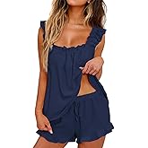 KFUBUO Womens Pajamas Set 2 Piece Ruffle Pj Soft Tank Top and Shorts Sleepwear Set Bridal Pajama for Women Set