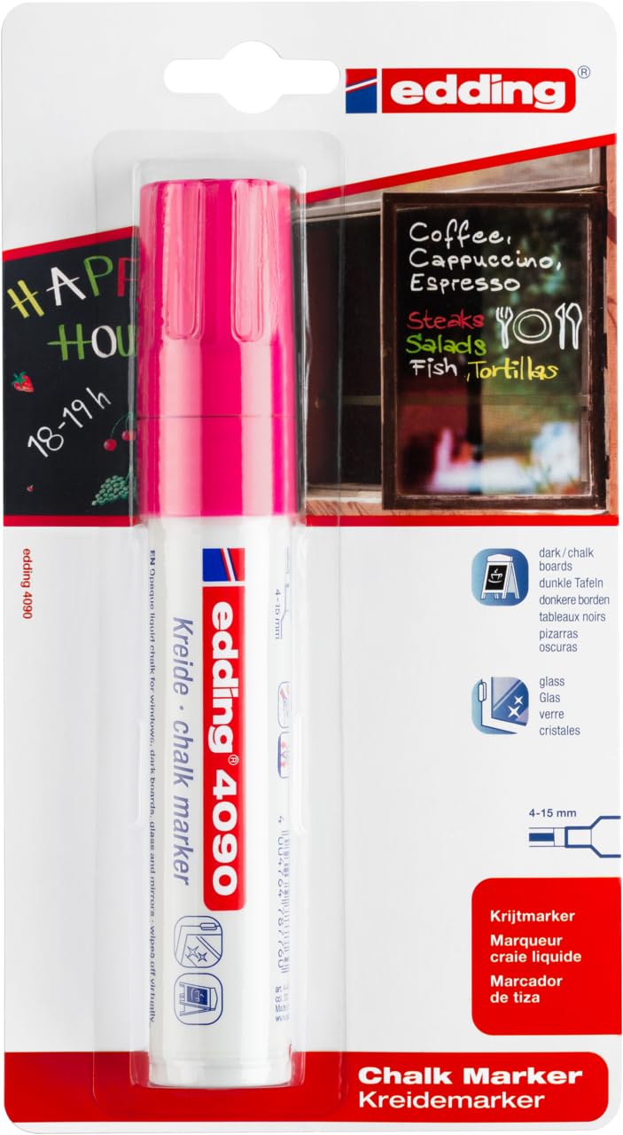 edding 4090 chalk marker - neon-pink - 1 chalk pen - chisel nib 4-15 mm - broad-nib wet wipe pen for chalkboards, windows, glass, mirrors - liquid chalk marker pen for opaque coverage