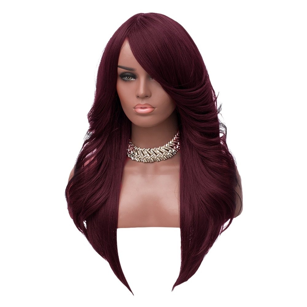 Long Side Bang Feathered Straight Synthetic Wig Wine Red Amazon