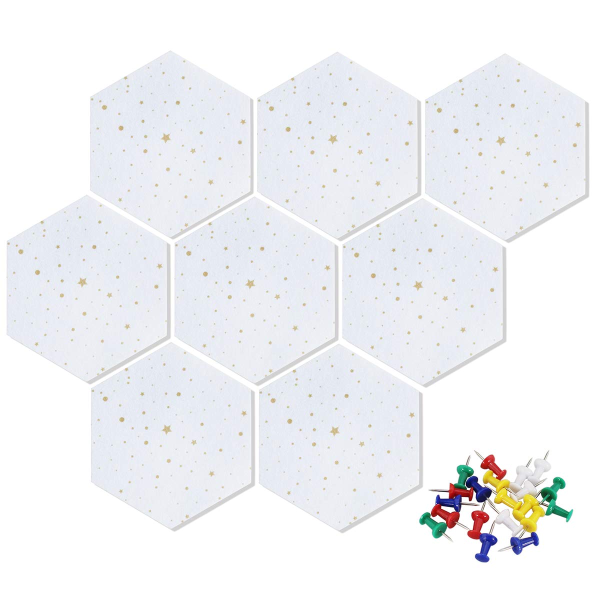 3Felt Hexagon Bulletin Board with 20 Pins, Pack of 8 Self Adhesive Notice Boards for Home Office Kitchen, DIY Pin Board Wall Tiles for Photos Memos