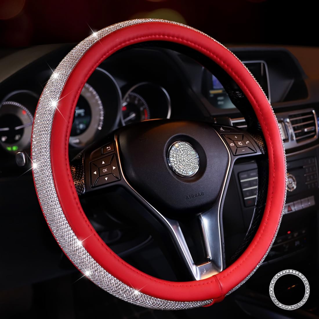 Lifetooler Steering Wheel Covers with Bling Rhinestones,Diamond Steering Wheel Cover Sparkly Crystal Diamante Anti-Slip Universal 38cm/15 inch Bling Car Accessories for Women Girls (red-white)