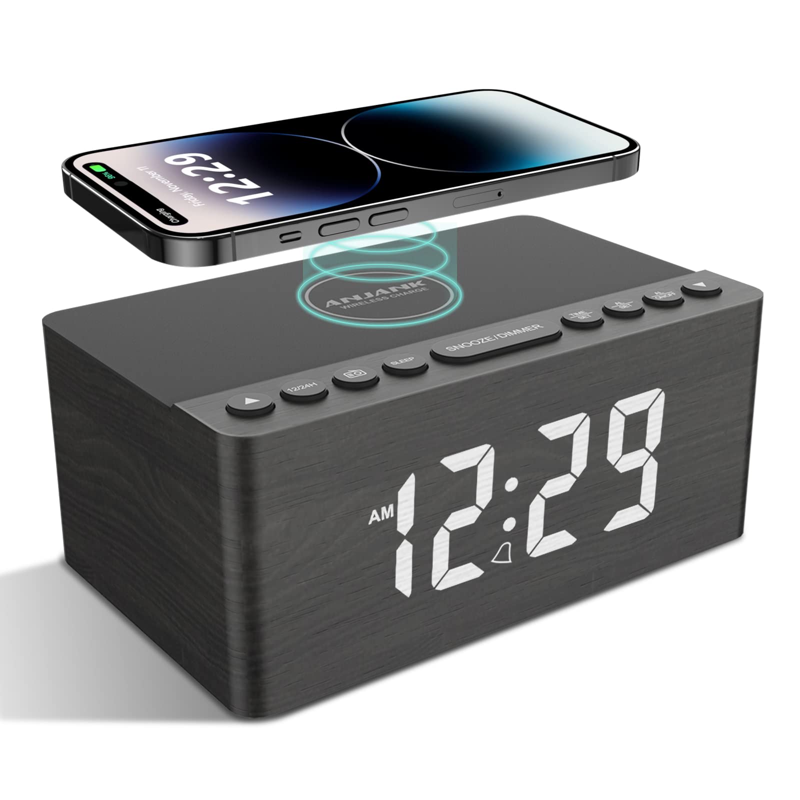 ANJANK Wooden Digital Alarm Clock FM Radio,10W Qi Certified Fast Wireless Charging Station for iPhone/Samsung Galaxy,5 Level Dimmer,USB Charger,9 Wake up Sounds, Bedroom, Bedside, Desk, Nightstand