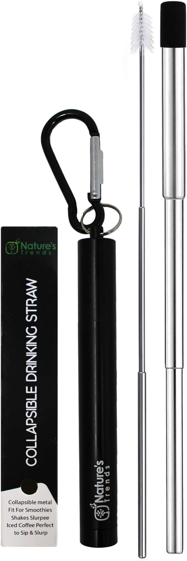 Collapsible Straw Reusable Stainless Steel Straw in Metal case - Travel Portable Retractable Drinking Telescopic Straws with Keychain, Cleaning brush and Silicone tip (Black, 1 pack)