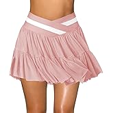 Hragc Women's Pleated Flowy Ruffle Tennis Skirt Skort for Women Crossover High Waisted Mini Golf Athletic Skirt with Shorts