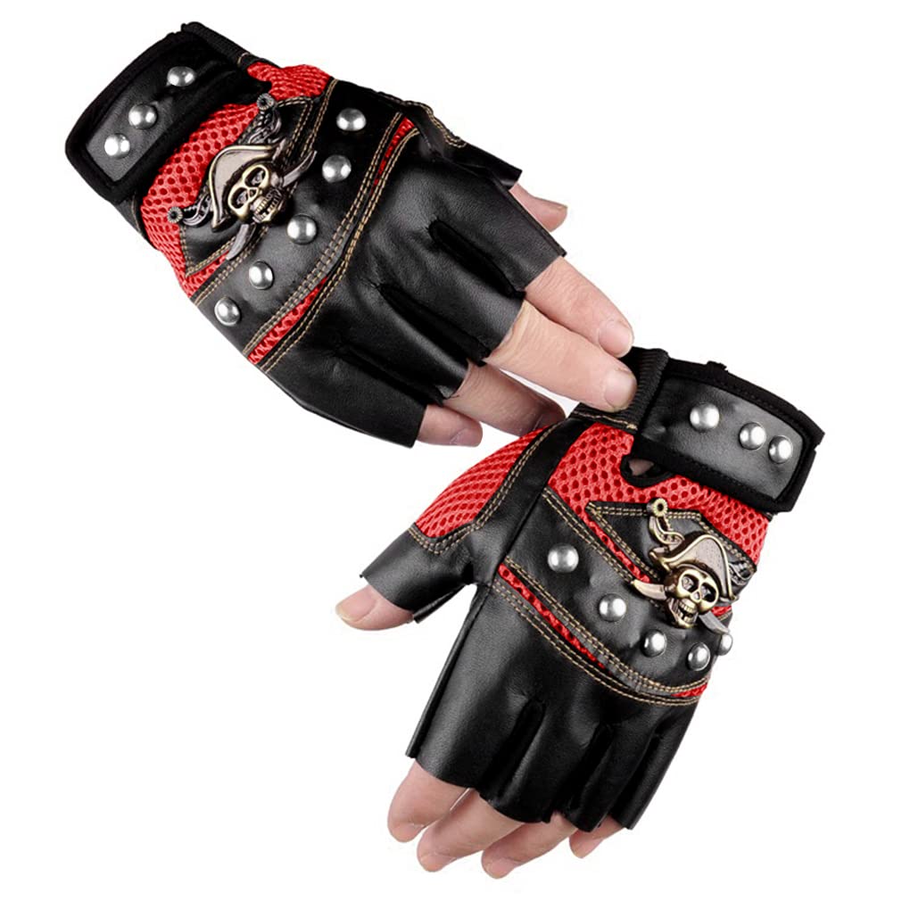 Faxianther Adults Teens Cool Skull Rivets PU Leather Half Finger Gloves Breathable Mesh Anti-Slip Cycling Riding Driving Motorcycle Biker Gloves Mittens