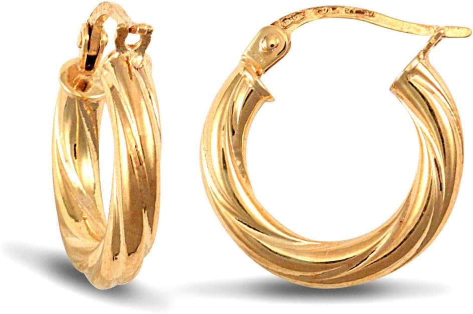 Jewelco London Ladies 9ct Yellow Gold Twisted 3mm Hoop Earrings 16mm