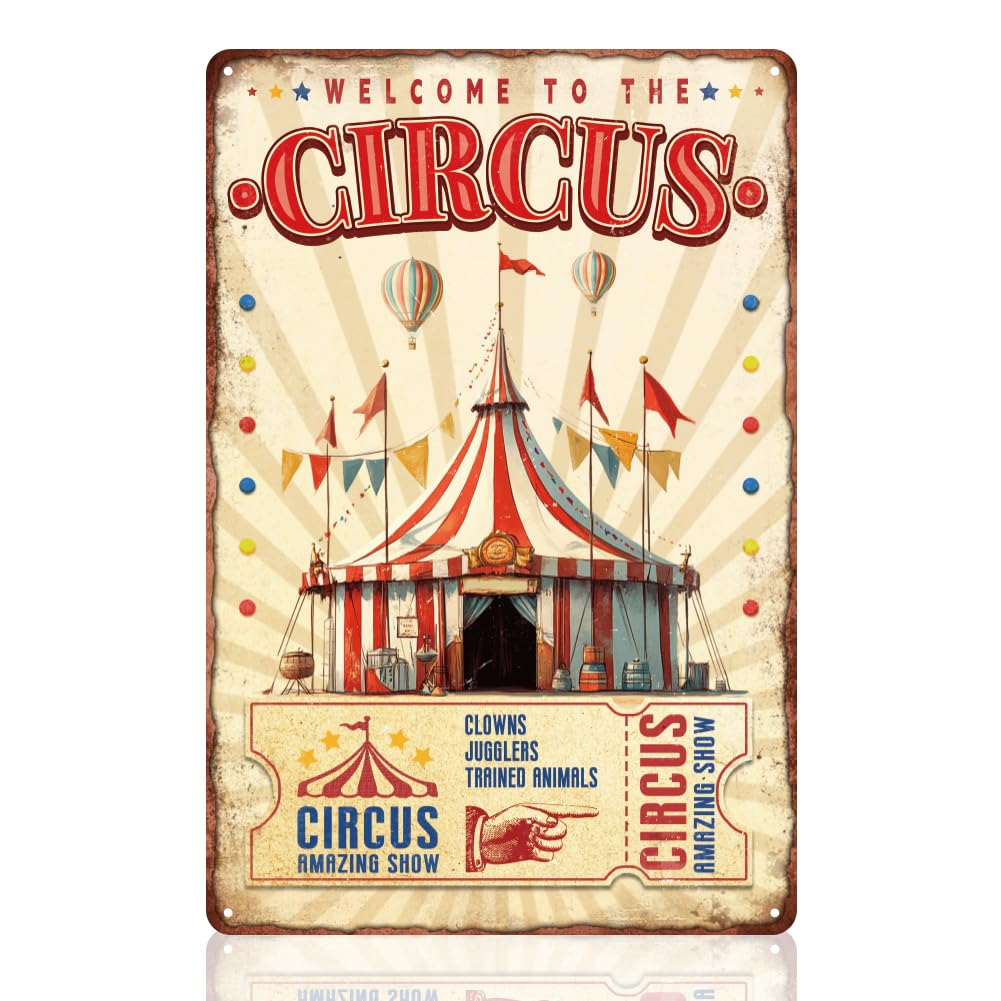 Photo 1 of **BENT*** Circus Welcome Sign Circus Amaing Show Decorative Wall Art Decor Vintage Metal Tin Sign Poster for Wall Decoration Gift 8 x 12 Inch