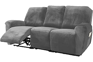 NORTHERN BROTHERS Velvet 8 Pieces Recliner Sofa Covers 3 Seater, Stretch Recliner Couch Cover for Reclining Couch, Thick Soft Reclining Couch Cover Washable for Kids, Light Grey