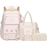 Mildame Girls Backpack Set, Kids School Backpack for Girls, Large Capacity Bookbag for Elementary Primary School, Cute Teens Travel Bag, Beige