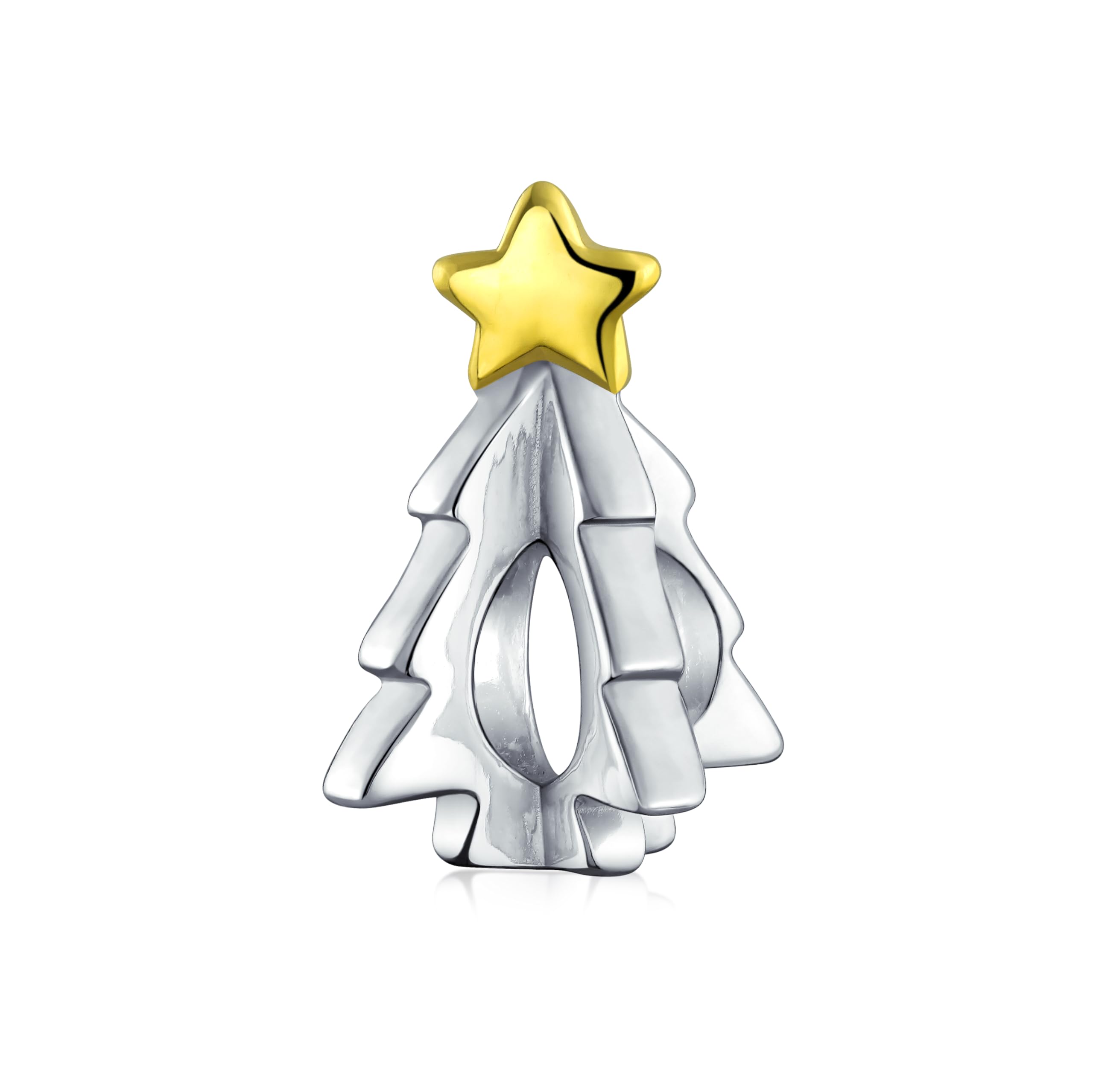 Bling Jewelry Festive Shining Star Decorated Holiday Christmas Tree Charm Bead Two Tone 14K Plated Oxidized .925 Sterling Silver For Charm Bracelet For Teen Women