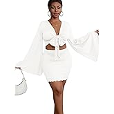 LYANER Women's 2 Piece Outfits Tie Knot Front Bell Long Sleeve Crop Top and Mini Skirt Set