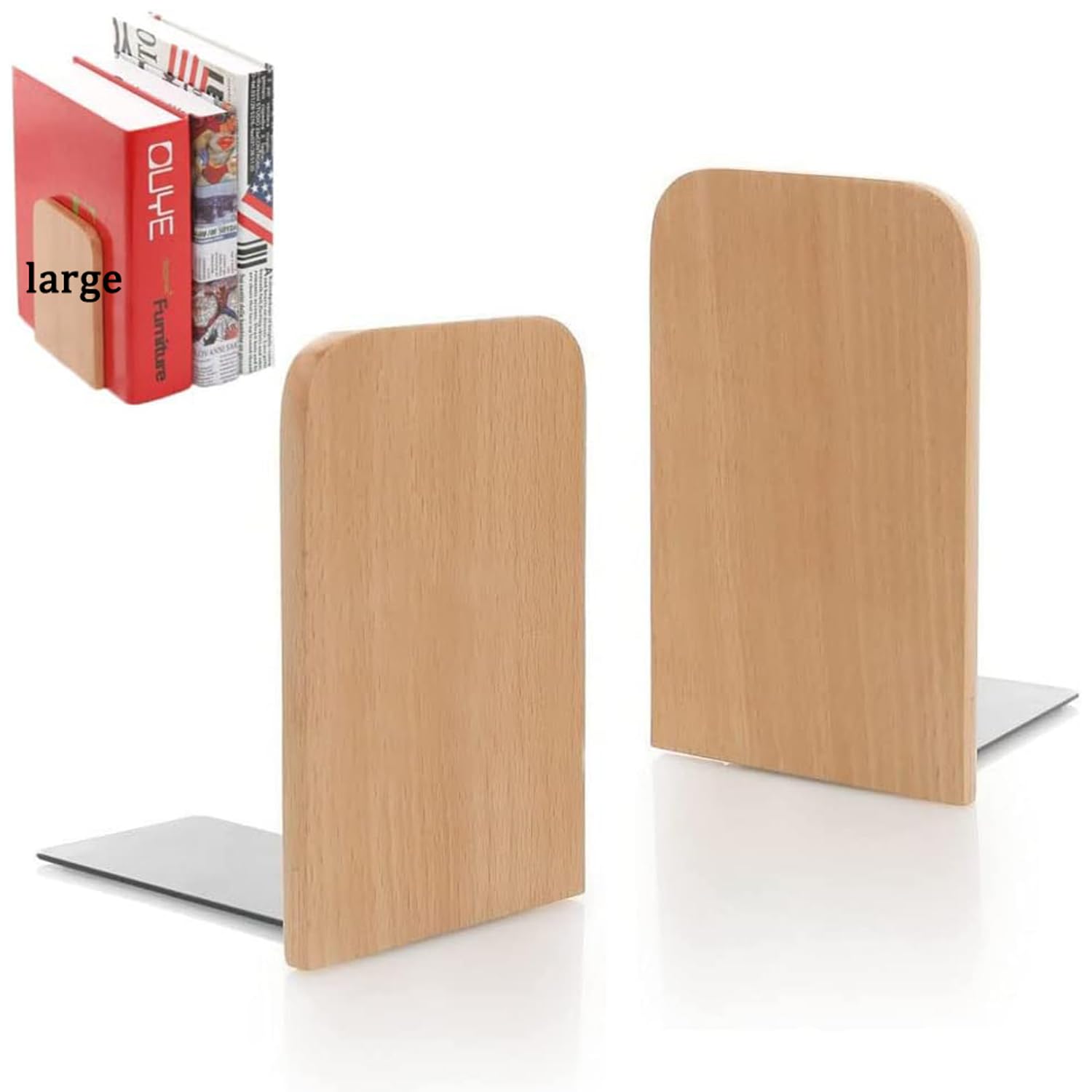 1 Pairs Book Ends Shelf, Wood Bookends, Heavy Duty Book Holders, Wooden Book Stopper, Anti Slip Book Stand Holder, for Home, Office, School, Library (Square Head, Large)