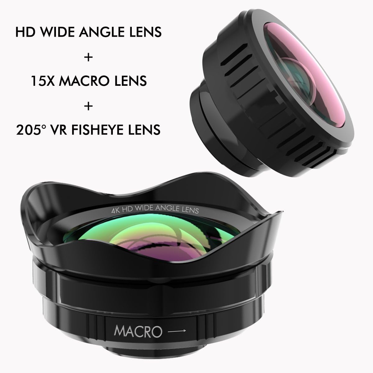 3 in 1Wide angle Lens + 15X Macro Lens + 205° Fisheye Lens for smartphone iphone sumsung huawei sony ipad laptop