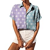 Selene Women's Summer Casual Short Sleeve V Neck Collared Button Down Shirt Cute Vintage Print Blouse Tops