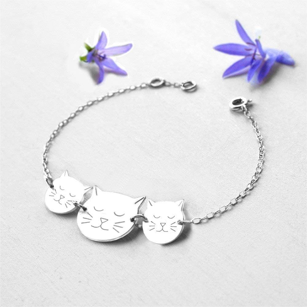 Personalised Sterling Silver Mummy Cat Face and Baby Cat Faces Bracelet, cat bracelet, Mother's Day gift, personalised gift, new mom gift, gift for cat lovers